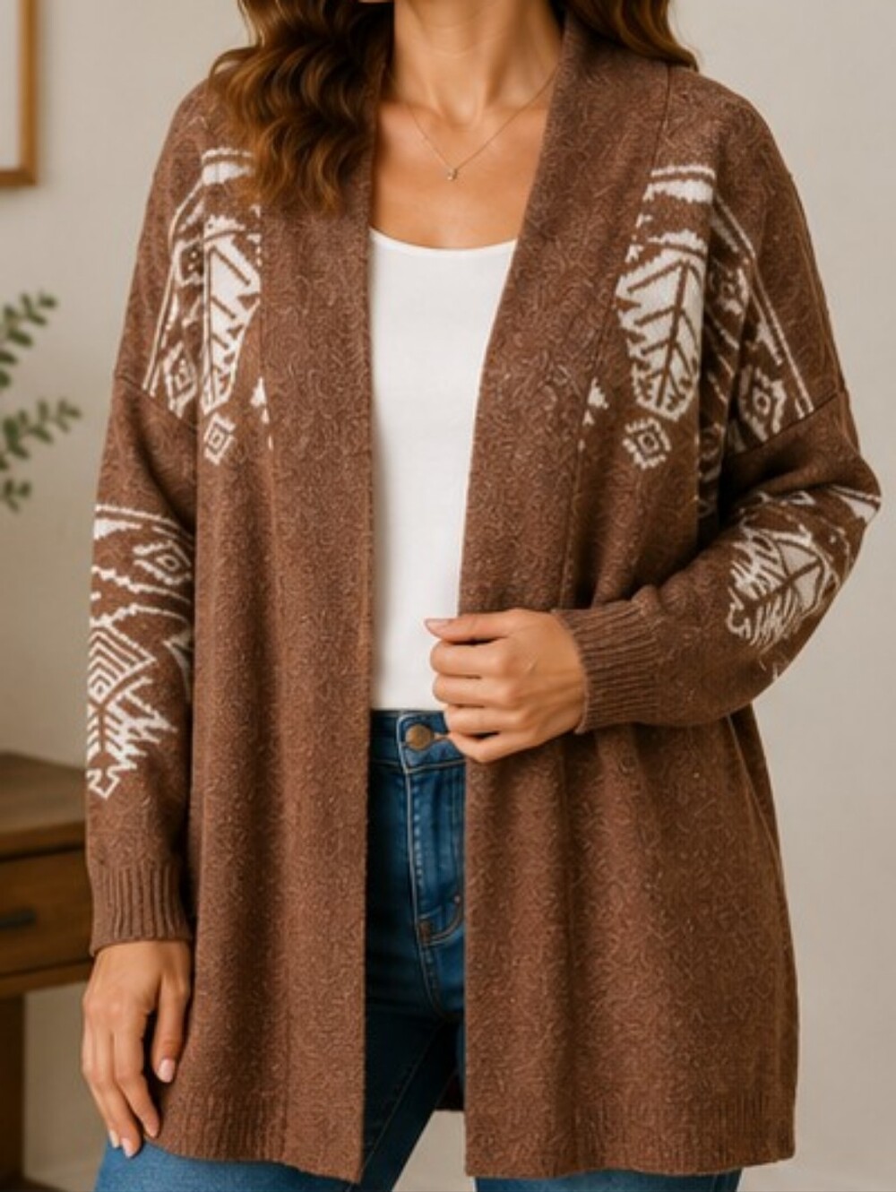 D&Co Brown Tribal Open Front Longline Cardigan XL